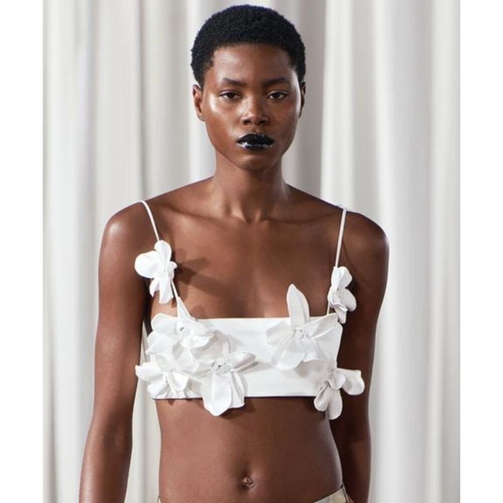 Nwt ZARA White Satin Effect Floral Crop Top Women XS